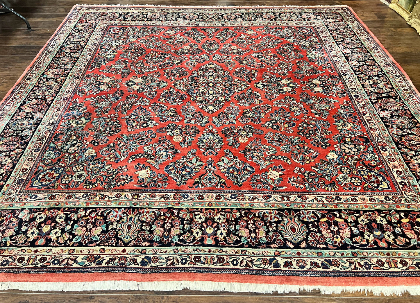 Square Persian Sarouk Rug 11x11 ft, Rare Size, Hand Knotted Wool Floral Allover Red Persian Carpet, Handmade Antique Rug