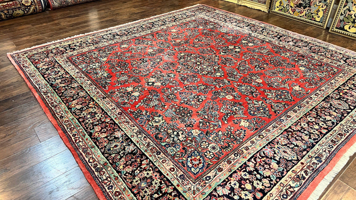 Square Persian Sarouk Rug 11x11 ft, Rare Size, Hand Knotted Wool Floral Allover Red Persian Carpet, Handmade Antique Rug