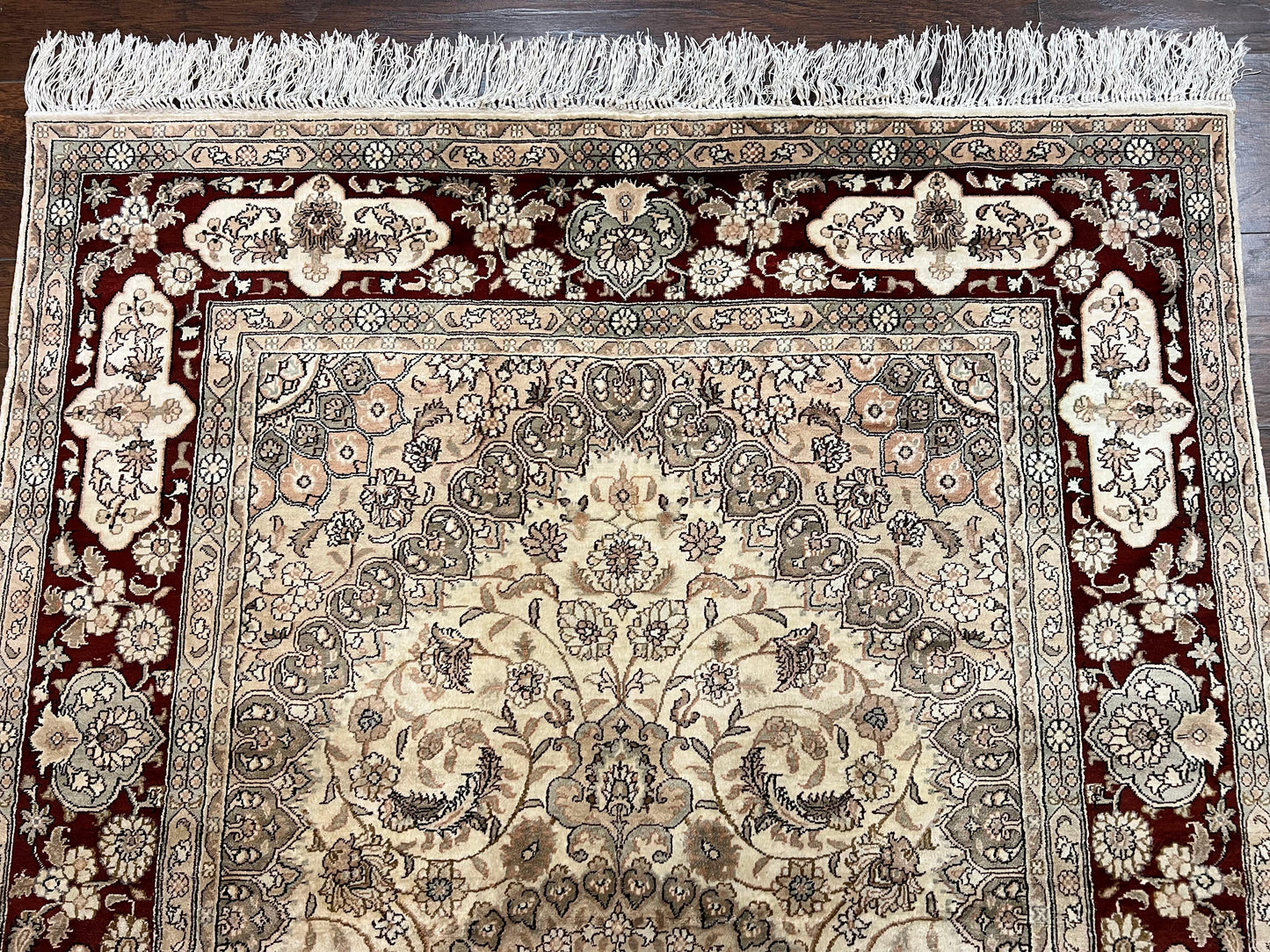 Silk Indian Kashmiri Rug 4x6 ft, Floral Medallion Hand Knotted Handmade Oriental Carpet, Vintage, Cream Burgundy, Very Fine Silk Rug 4 x 6