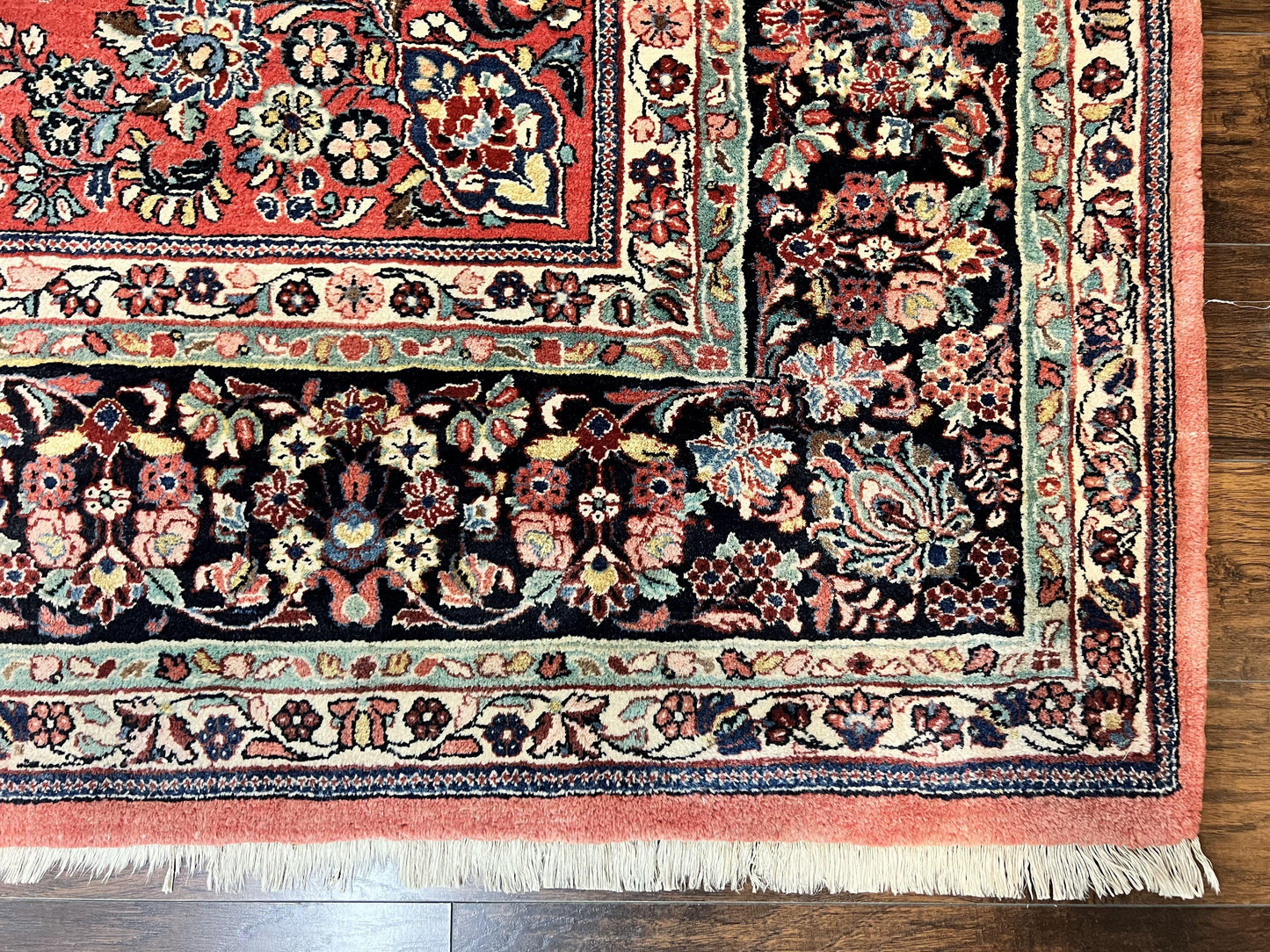 Square Persian Sarouk Rug 11x11 ft, Rare Size, Hand Knotted Wool Floral Allover Red Persian Carpet, Handmade Antique Rug
