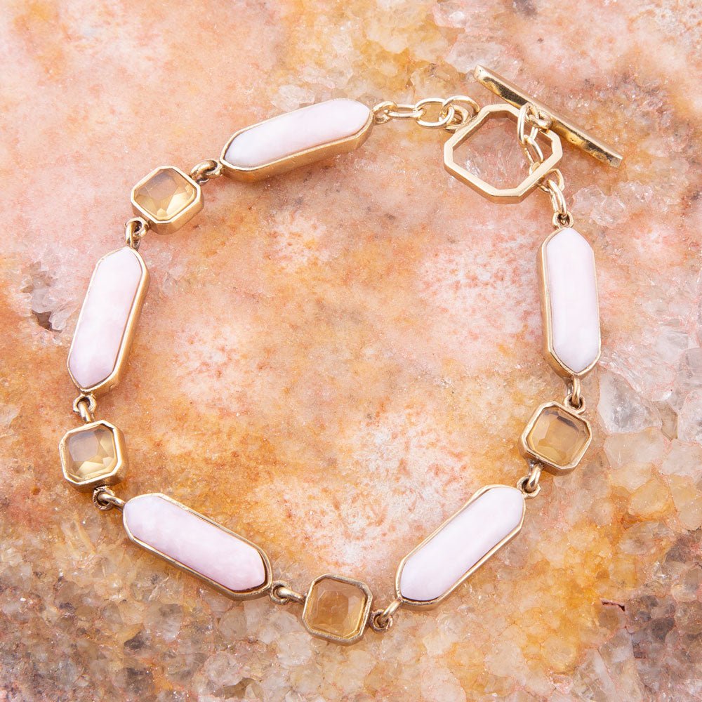 Bracciale con chiusura a T dorata in opale rosa Etta e quarzo giallo