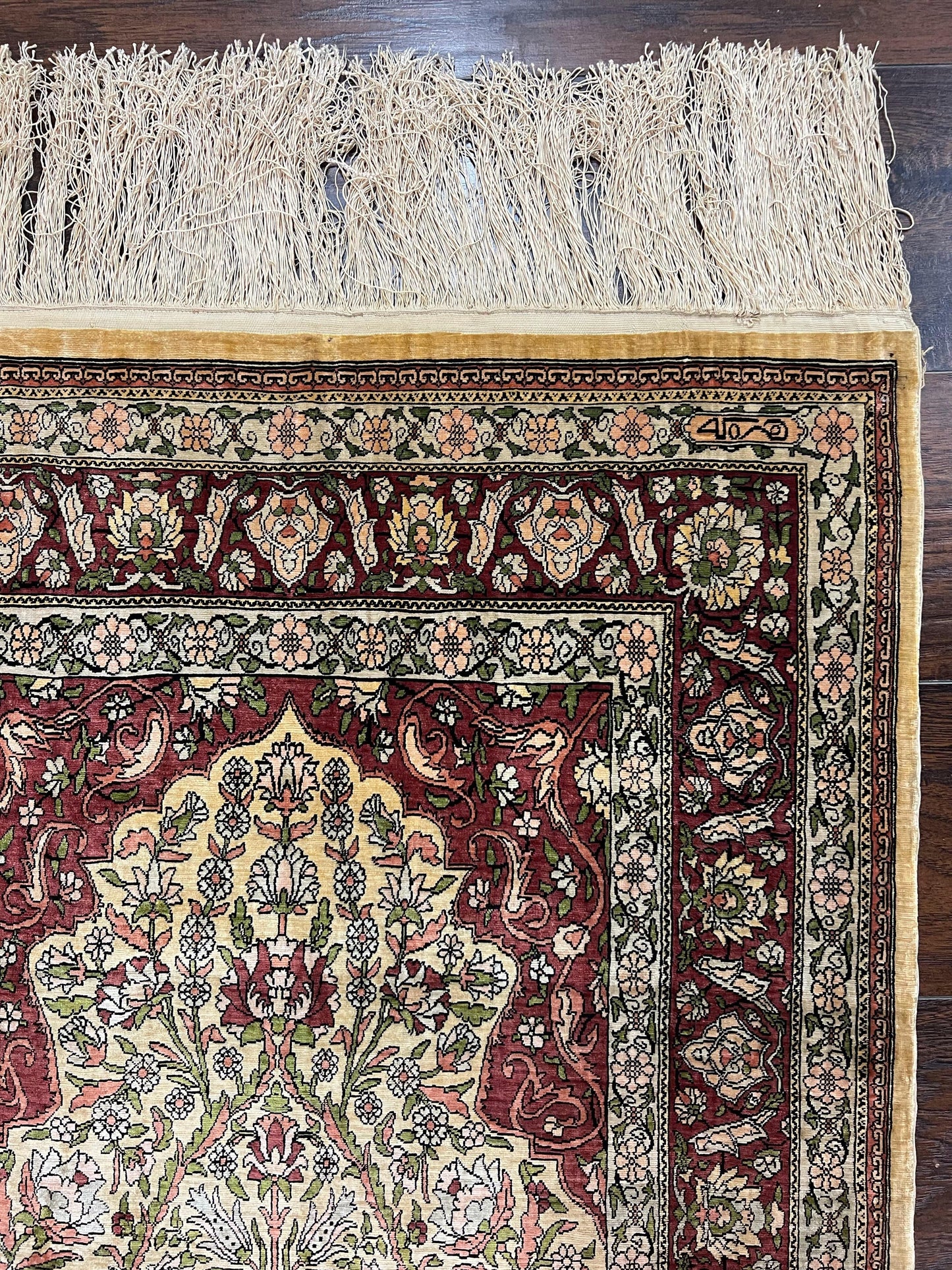 Wonderful Silk Turkish Hereke Prayer Rug 2.8 x 4.5, Tree of Life Design, Signature from Master Weaver, Gold and Burgundy, Handmade, 625 KPSI