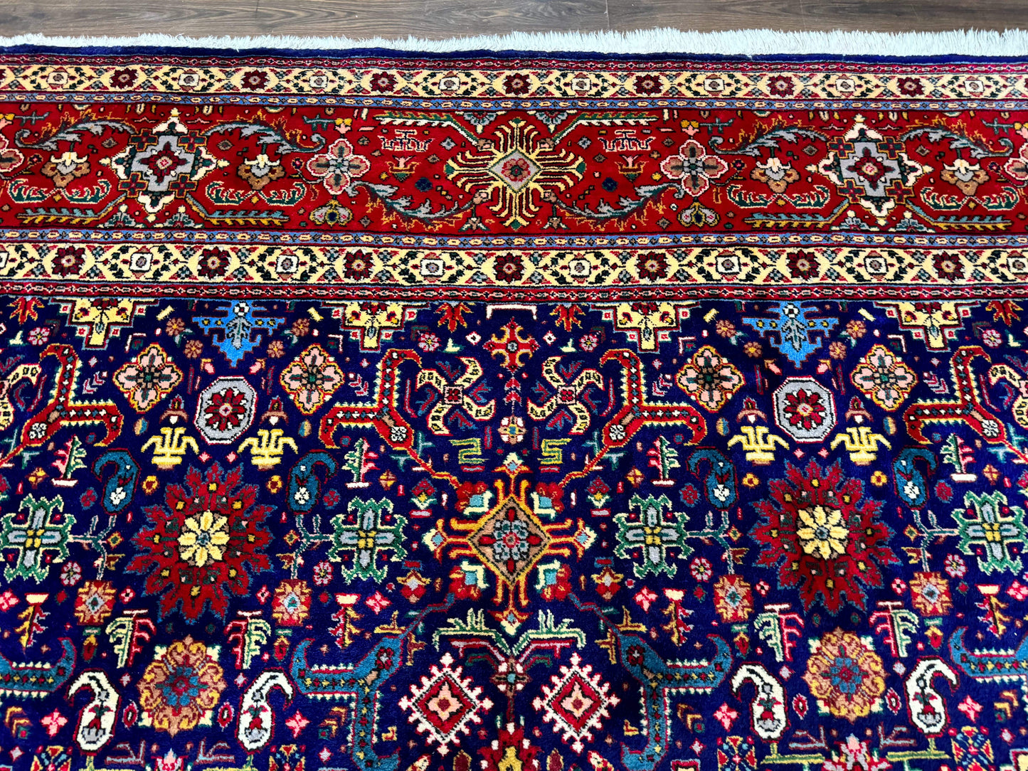 Large Persian Tabriz Rug 10x16, Navy Blue and Red, Allover Pattern, Vintage Hand Knotted Wool Carpet
