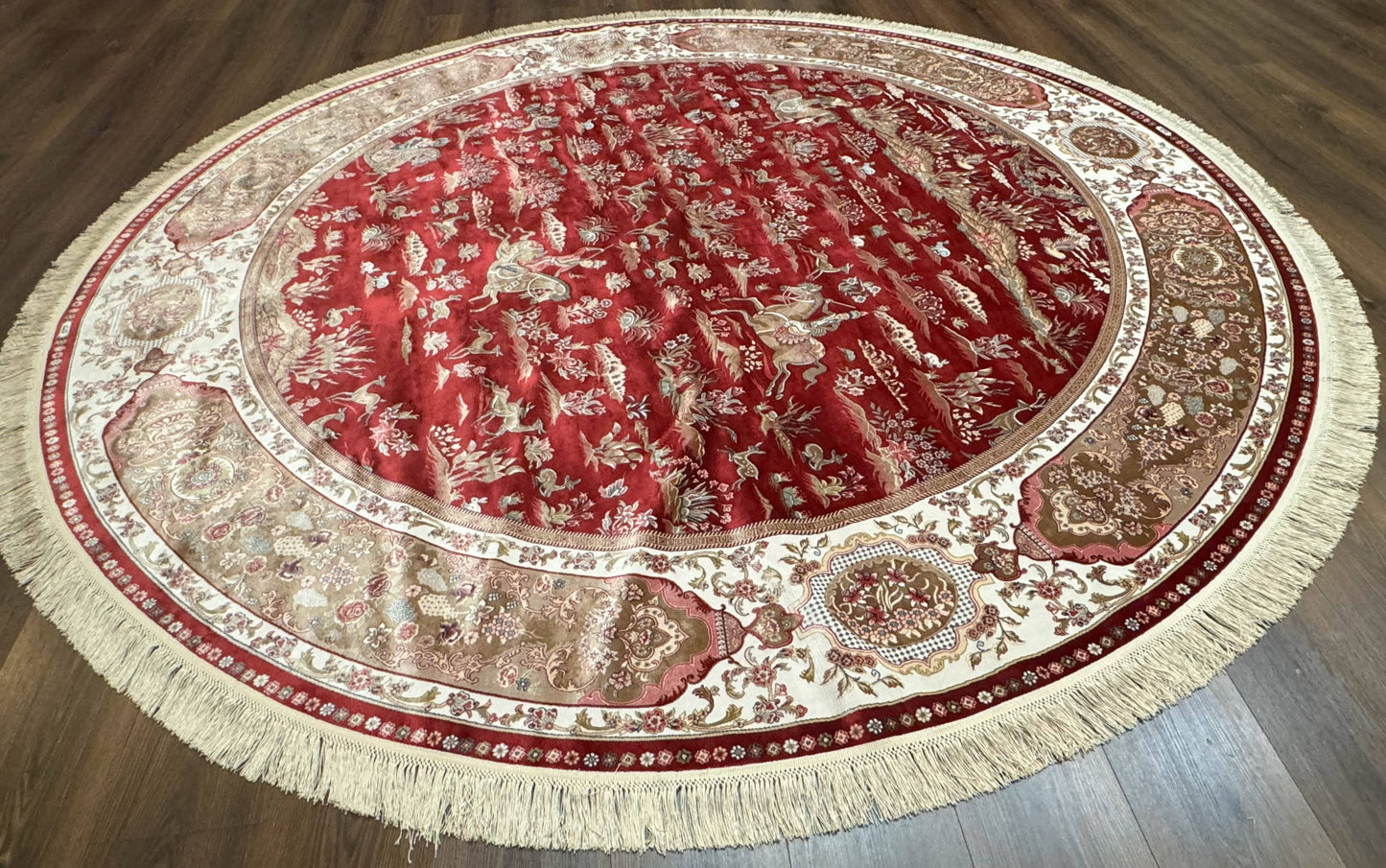 Large Round Turkish Silk Rug 8x8, Hunting Design, Dark Red & Ivory, Bamboo Silk