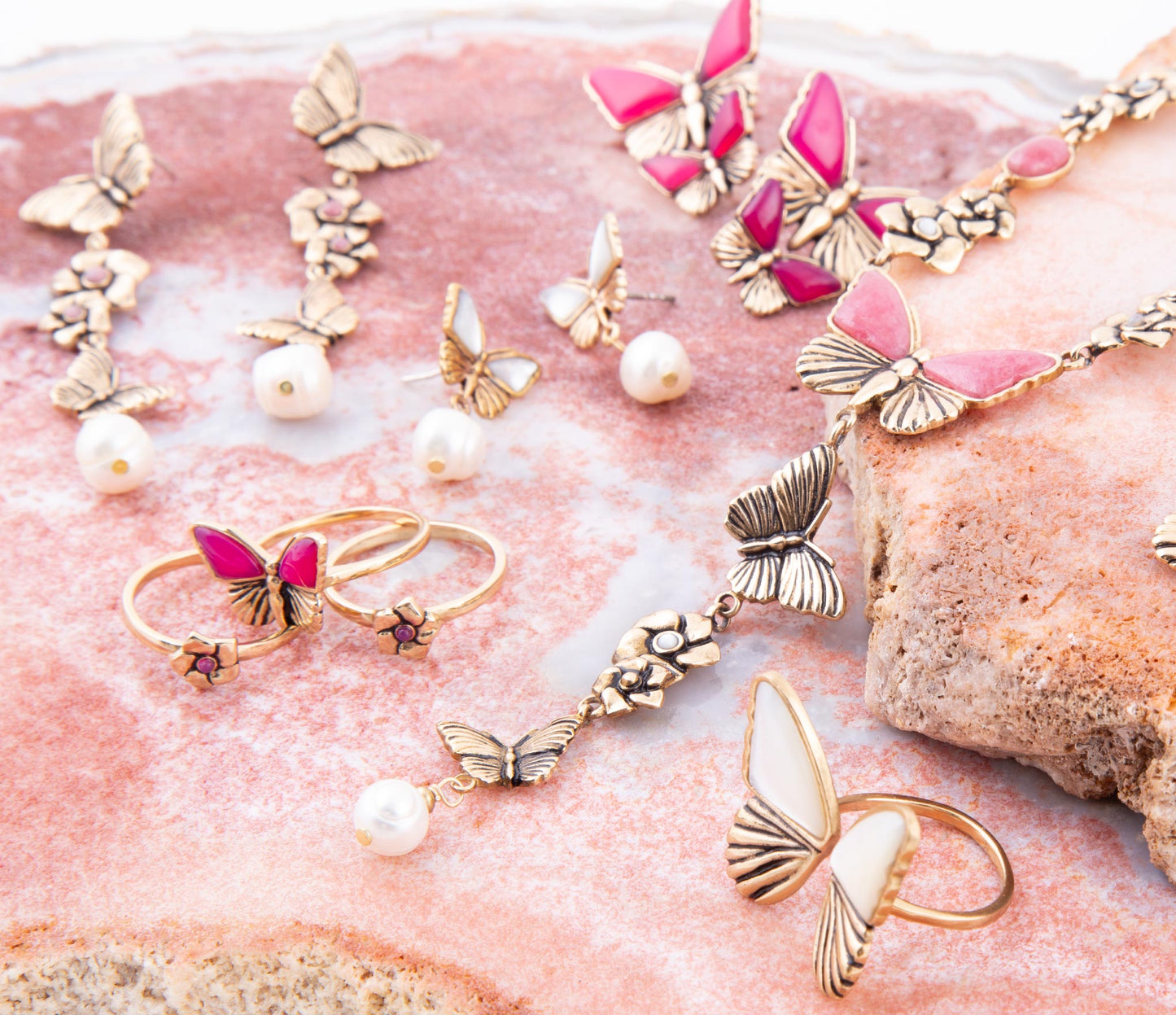 Roze Fuchsia Agaat Gouden Vlinders Driedubbele Ringenset