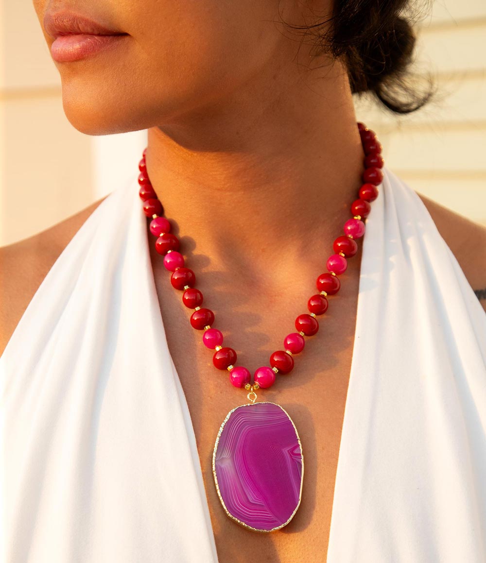 Collana con pendente in agata viola tramonto fucsia