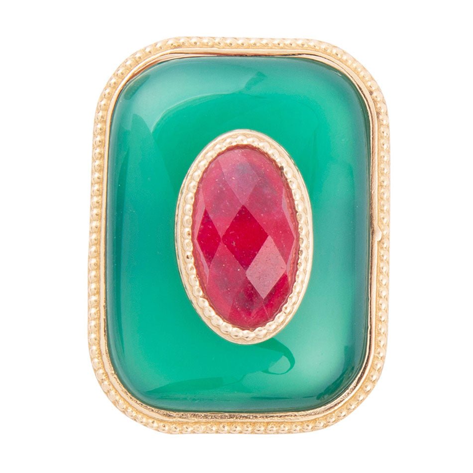 Anello a fascia dorato con pietra rossa impilata in onice verde