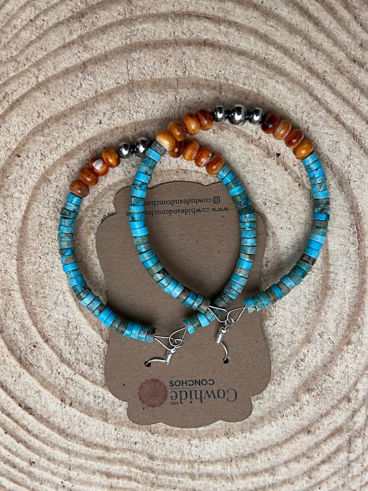 Pendientes de aro con turquesa, ostra espinosa y perlas de plata de ley - aros de 2 1/4 pulgadas