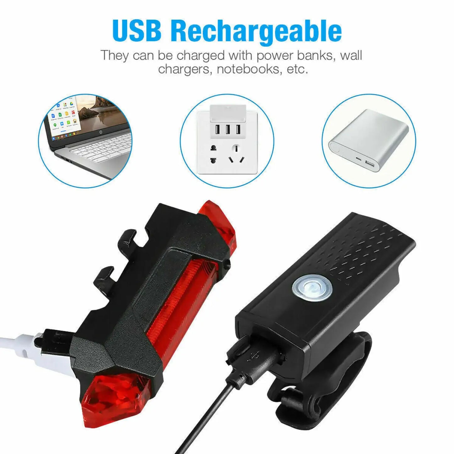 Set di luci LED per bici con fanale anteriore e posteriore ricaricabili via USB