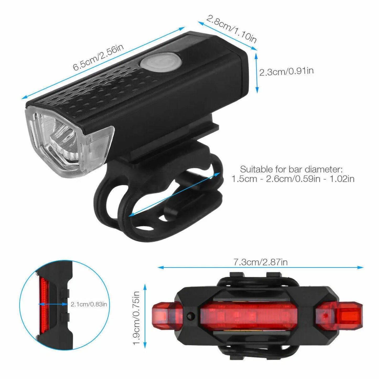Set di luci LED per bici con fanale anteriore e posteriore ricaricabili via USB