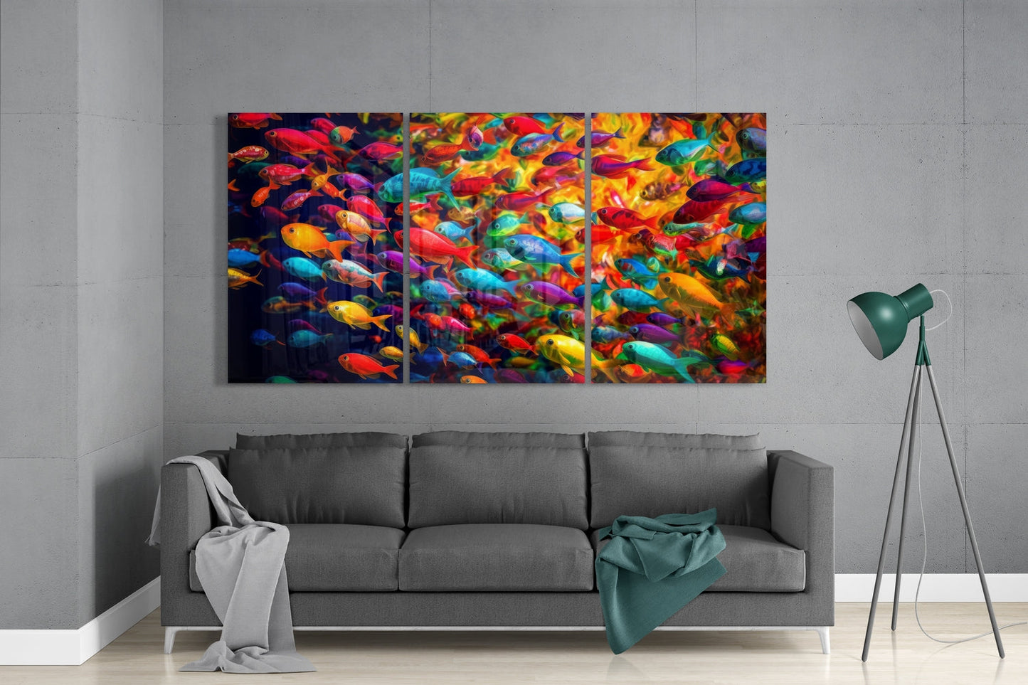 Skleněný nástěnný triptych s motivem duhových rybek