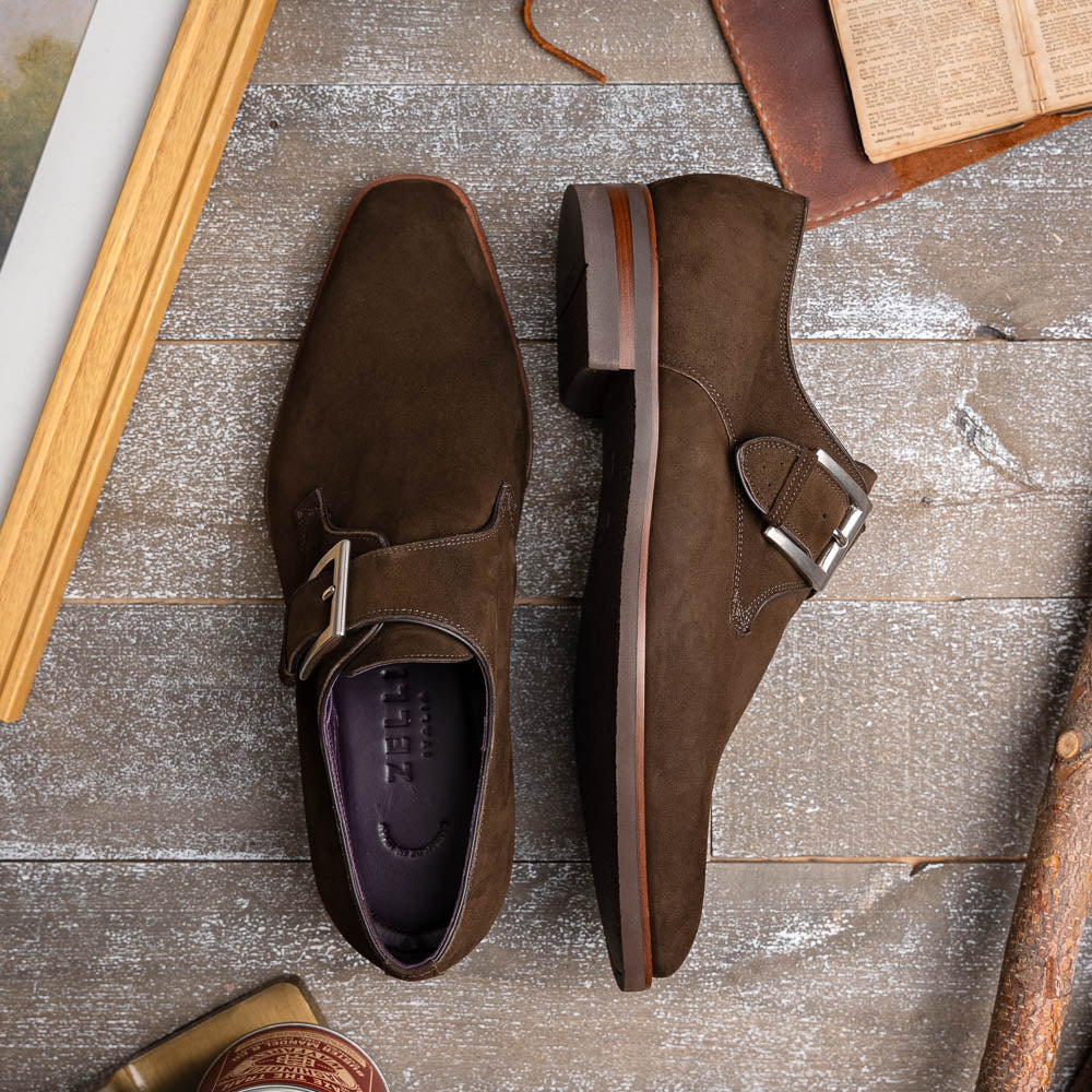 56-110-DBR Fibbia Monk Strap Camoscio Italiano Pelle di Vitello Marrone Scuro