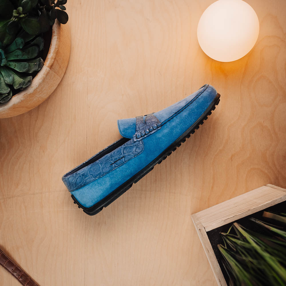 31-160-DNM MONZA Sueded kalveskinn med krokodillefører Denim