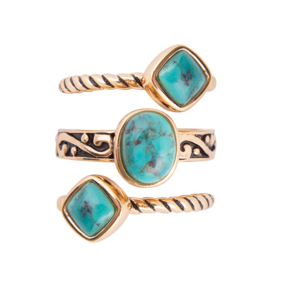 Set di anelli a triplo motivo con turchese blu e dorato