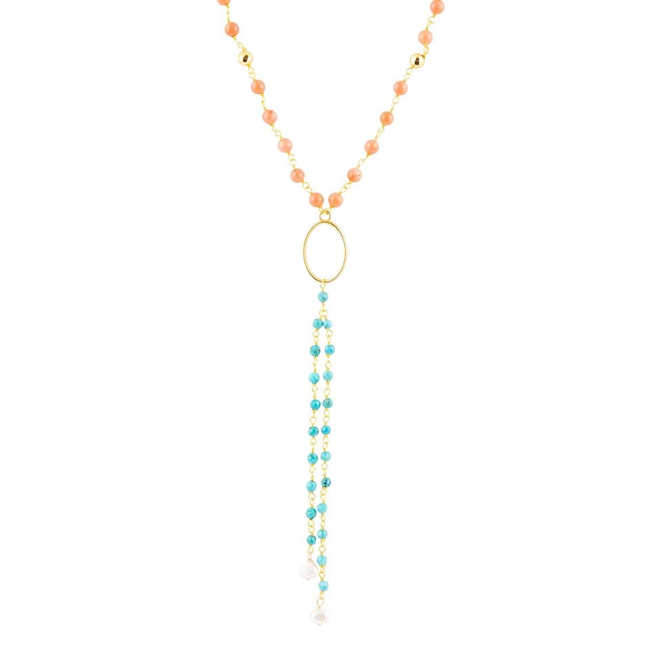 Collana a Y dorata con corallo arancione e pietre multiple