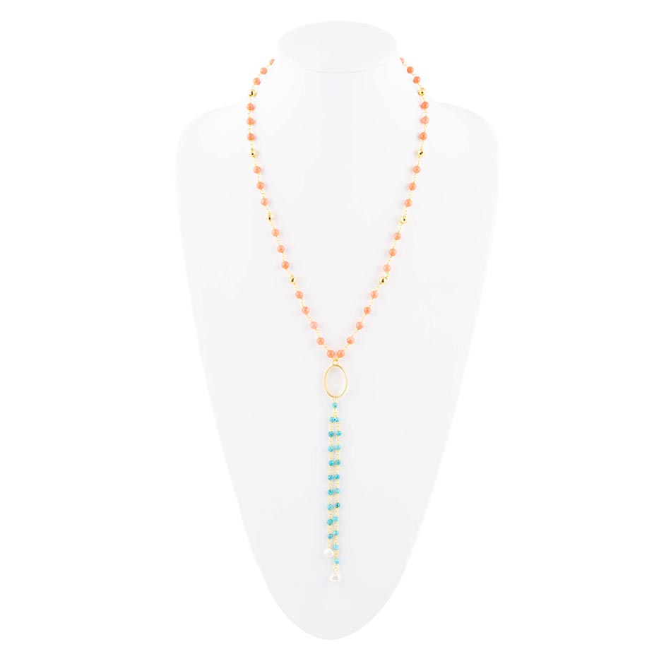 Collana a Y dorata con corallo arancione e pietre multiple