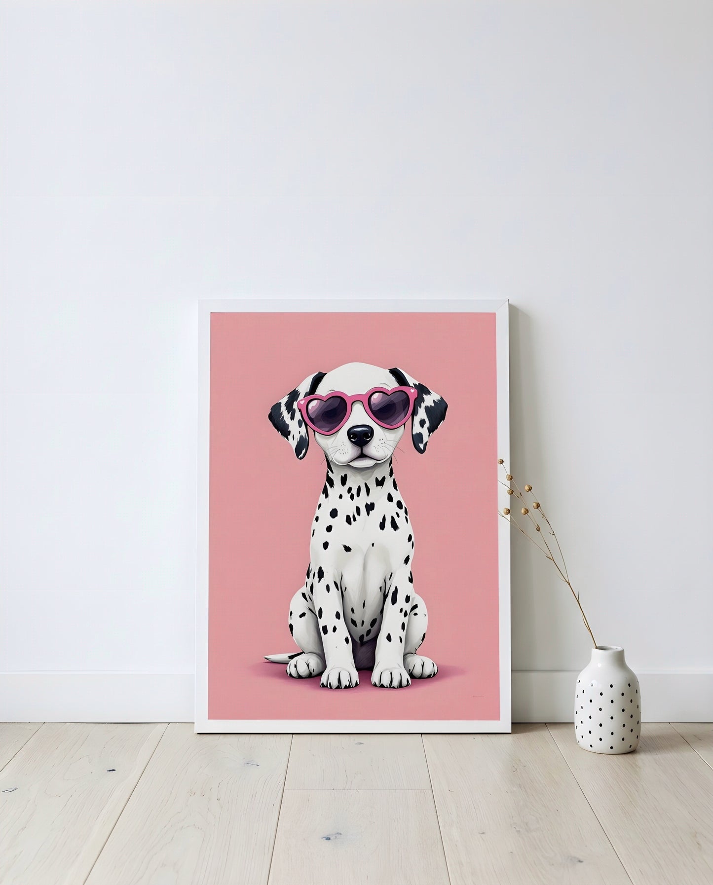 Nursery Dalmatian Puppy Retro Flat Character Printable Wall Art — displayed in a styled home setting