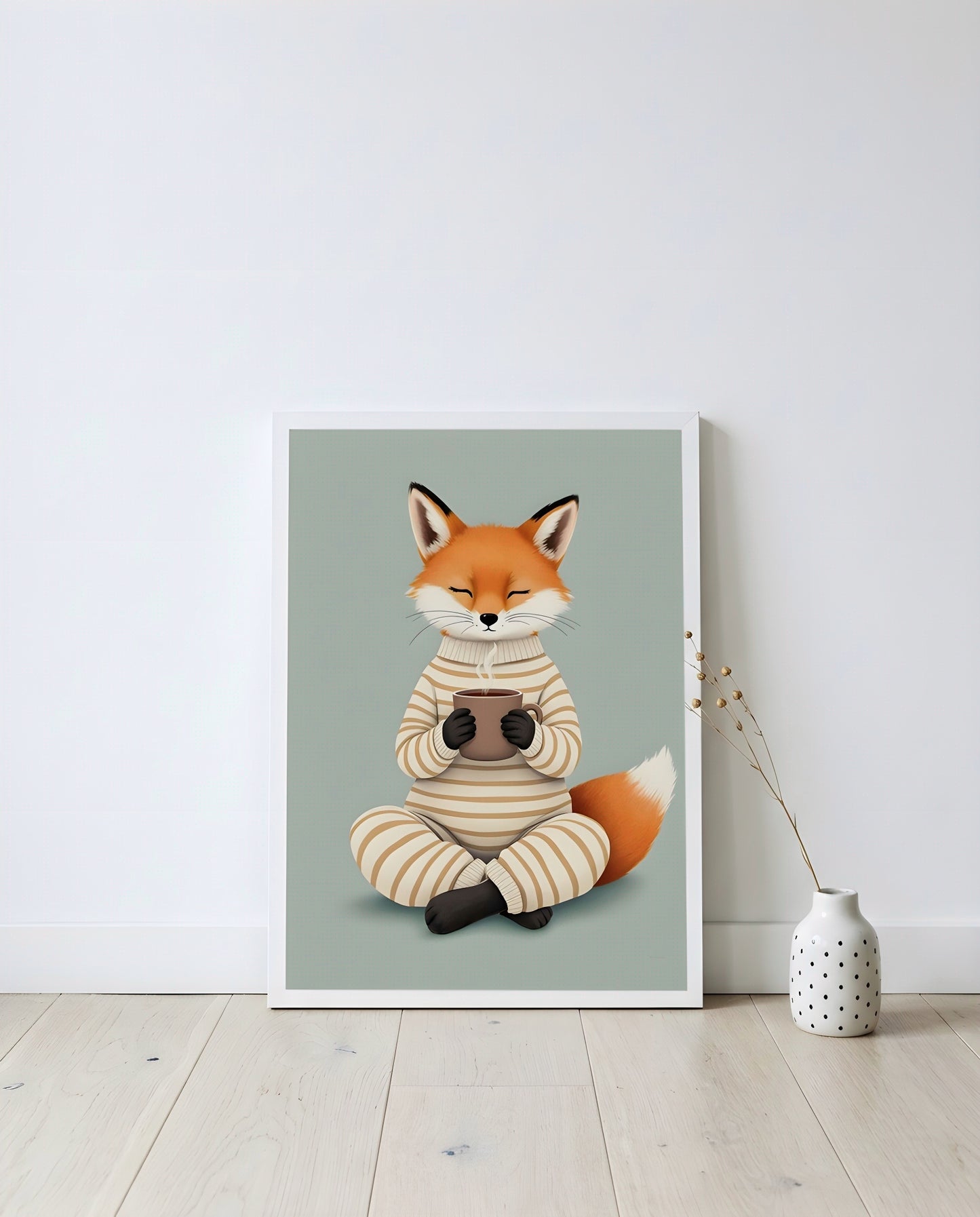 Nursery Fox Cub Hot Chocolate Retro Flat Character Printable Wall Art — displayed in a styled home setting