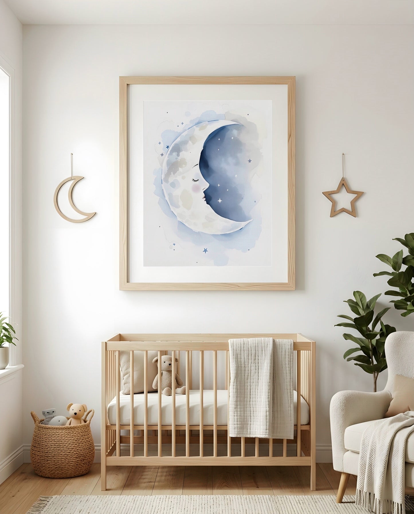 Nursery Sleeping Moon Soft Watercolor Minimal Printable Wall Art — as part of a gallery wall arrangement