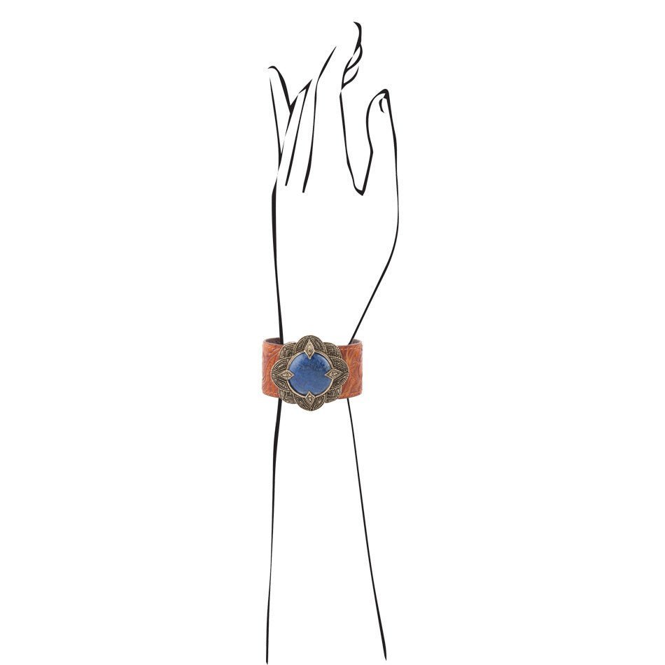 Bracciale polsino in pelle dorata con lapislazzuli blu ornato