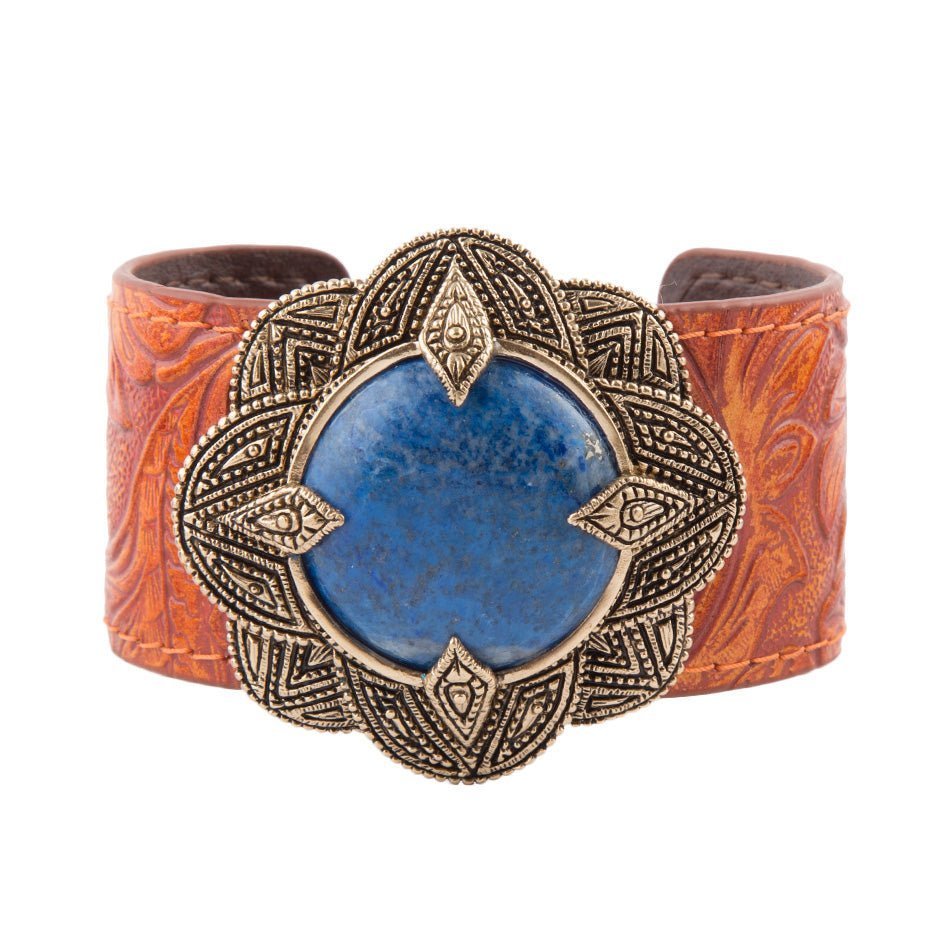 Bracciale polsino in pelle dorata con lapislazzuli blu ornato