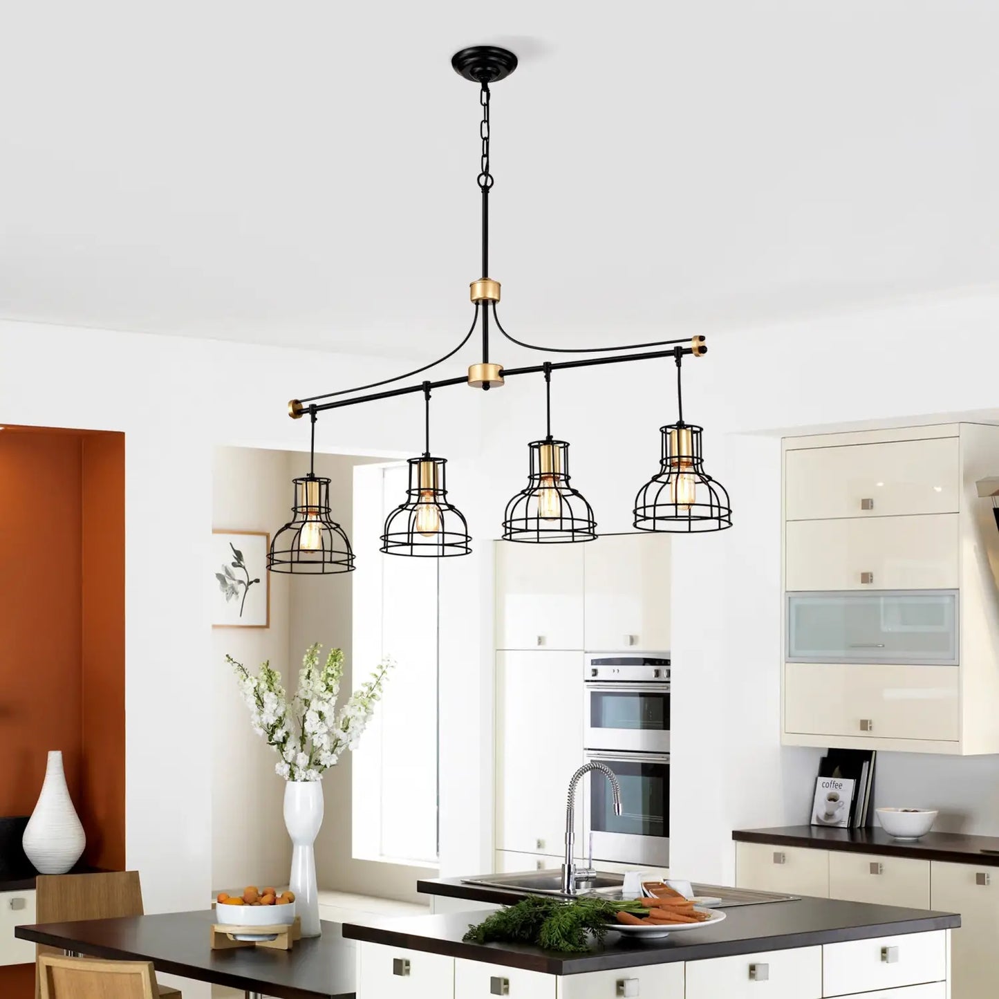 Hängande lampa vintage 40" matt svart & guld ljuskrona för vardagsrum