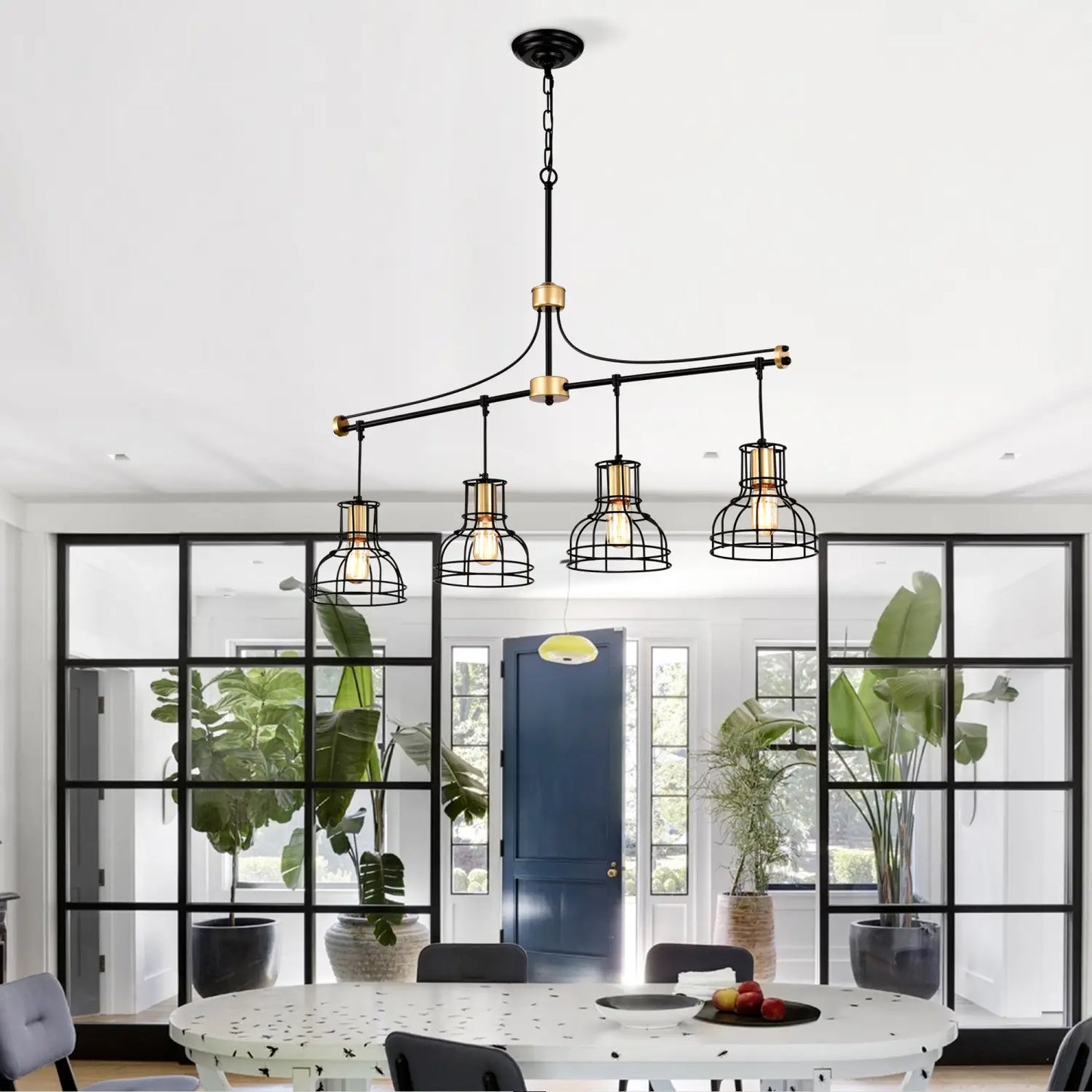 Hängande lampa vintage 40" matt svart & guld ljuskrona för vardagsrum