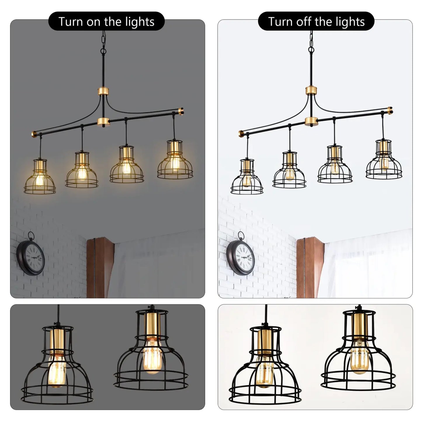 Hängande lampa vintage 40" matt svart & guld ljuskrona för vardagsrum