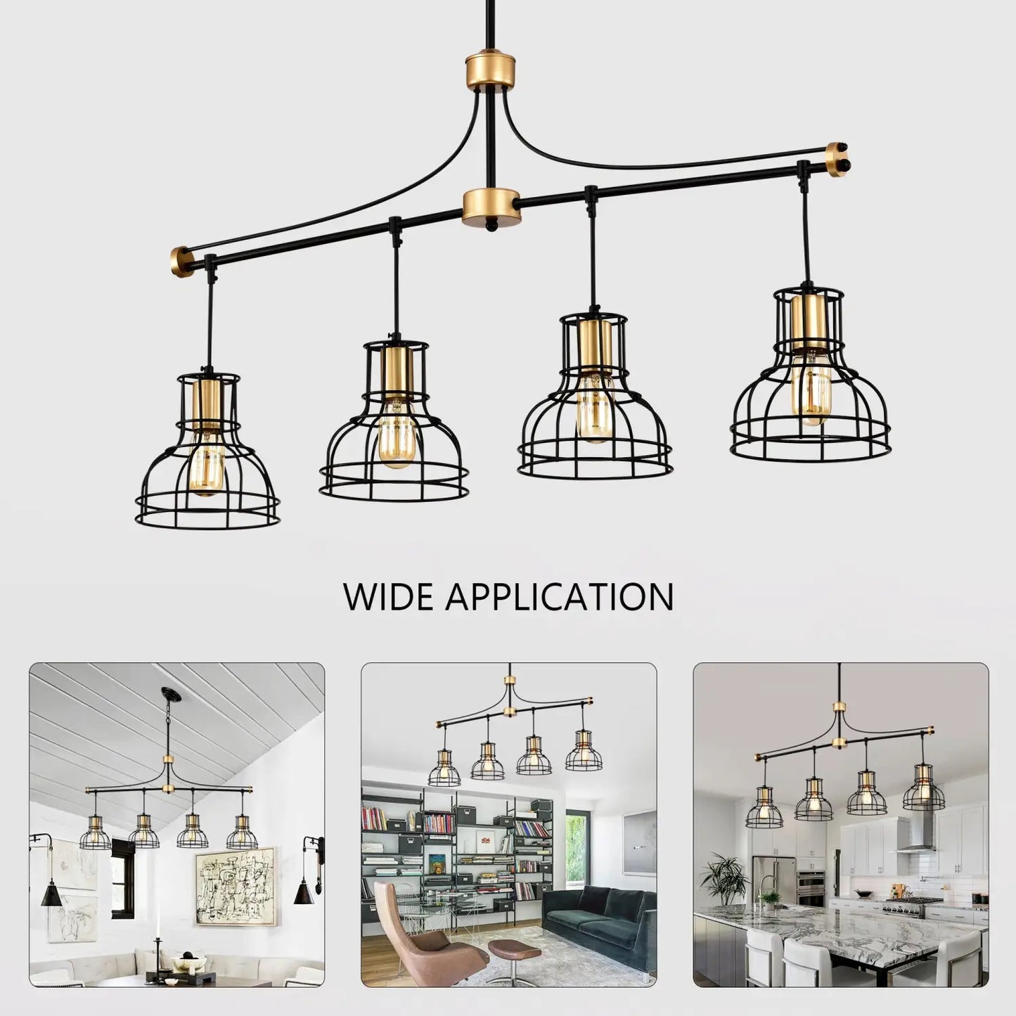Hängande lampa vintage 40" matt svart & guld ljuskrona för vardagsrum