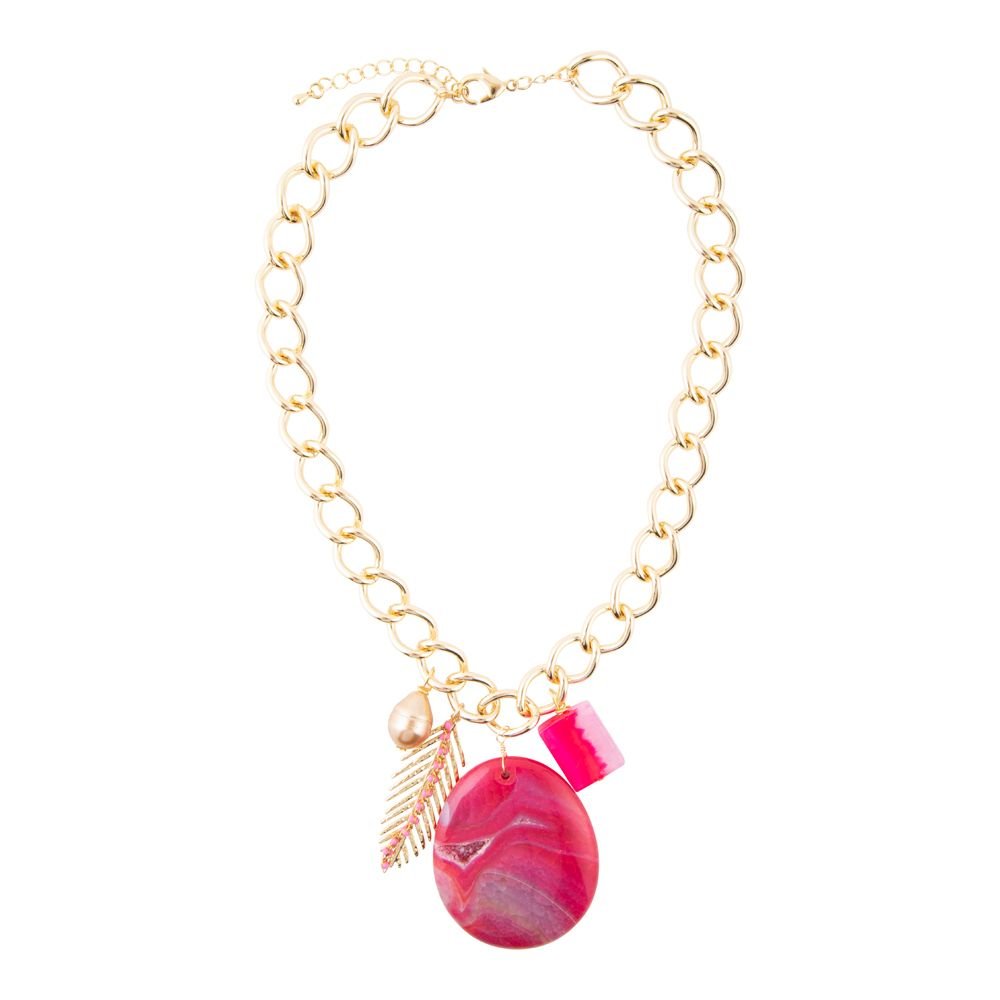 Pioenroos Fuchsia Roze Agaat Gouden Bedel Ketting