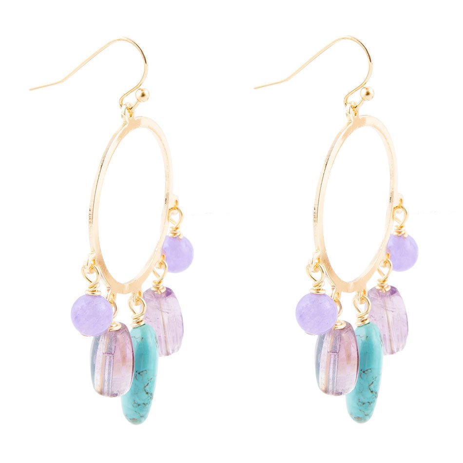 Orecchini a chandelier dorati con ametista pervinca viola e magnesite blu