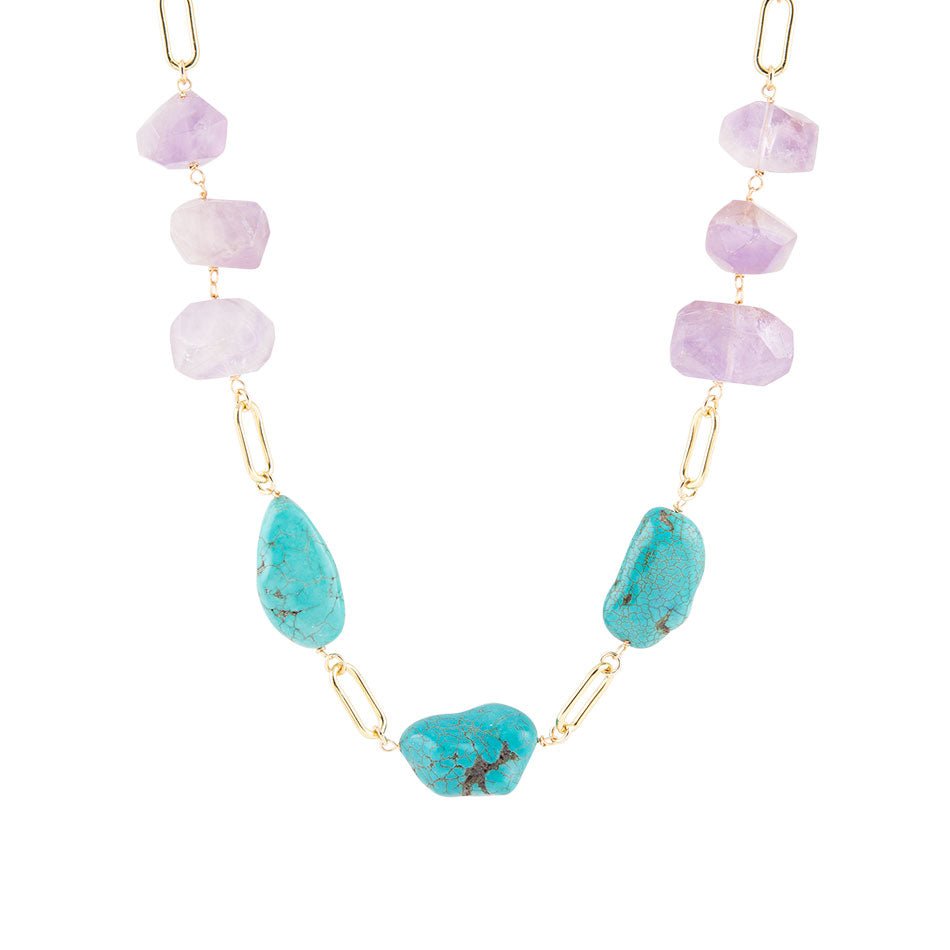 Collana lunga dorata con ametista pervinca viola e turchese blu