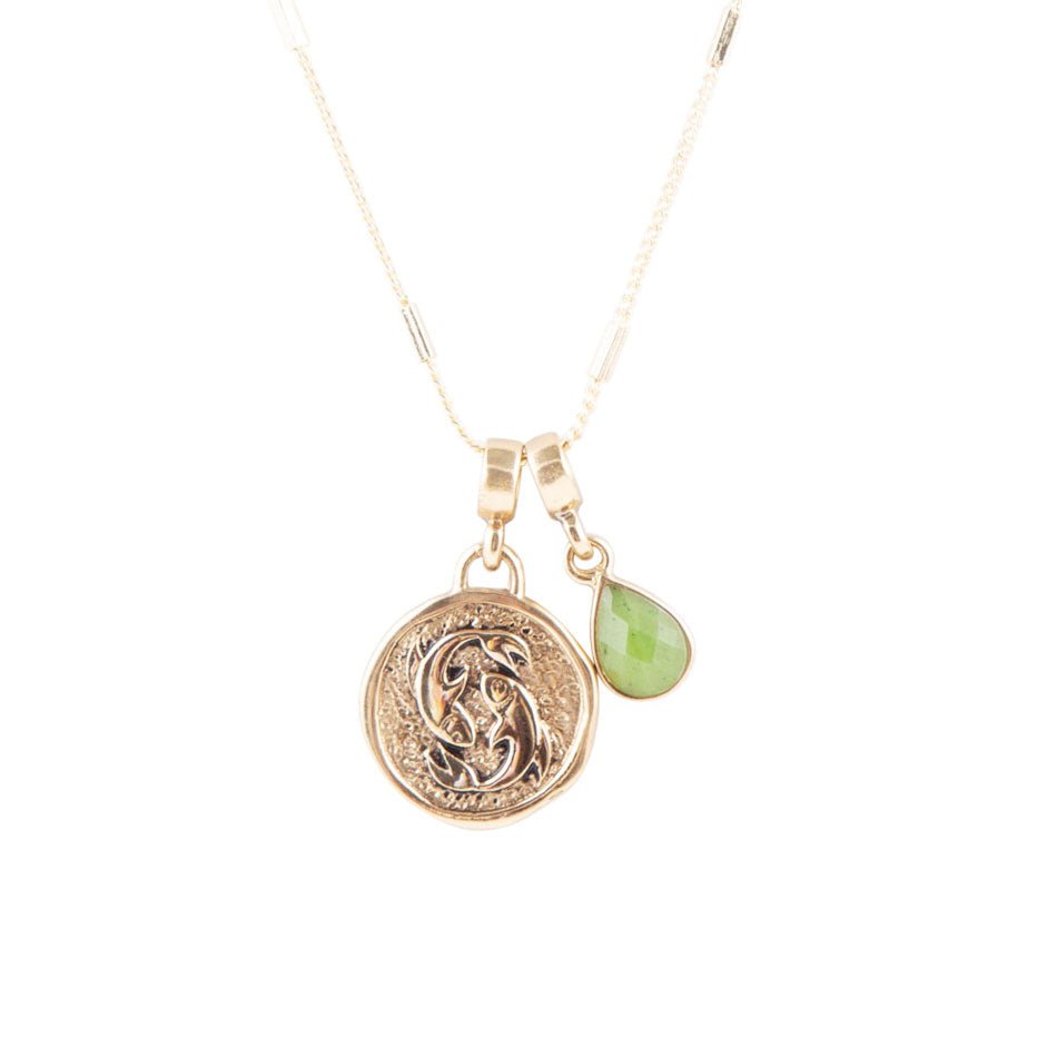 Pesci - Collana con ciondolo dorato in giada verde dello zodiaco