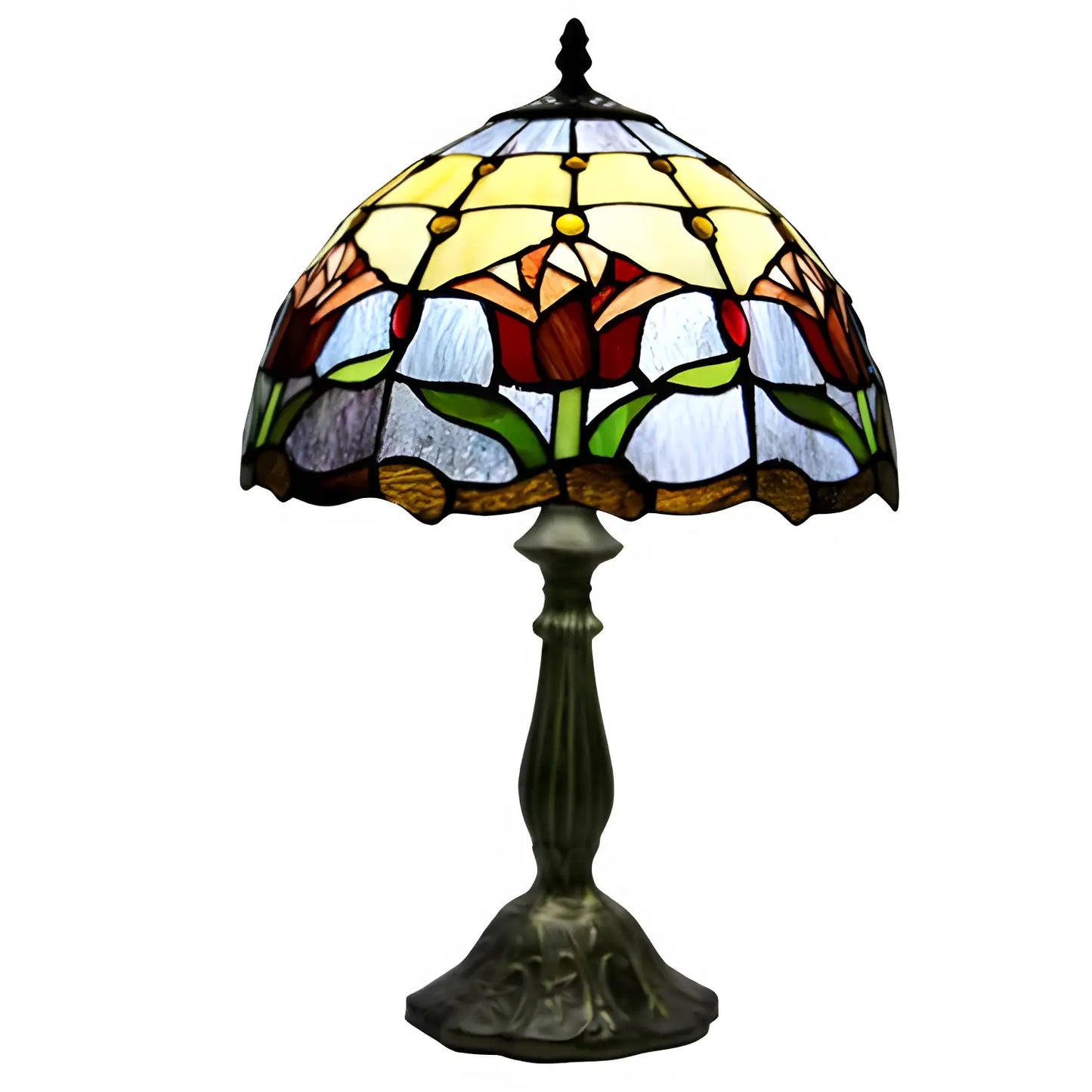 Röd Tiffany-lampa med tulpanformad glasdesign