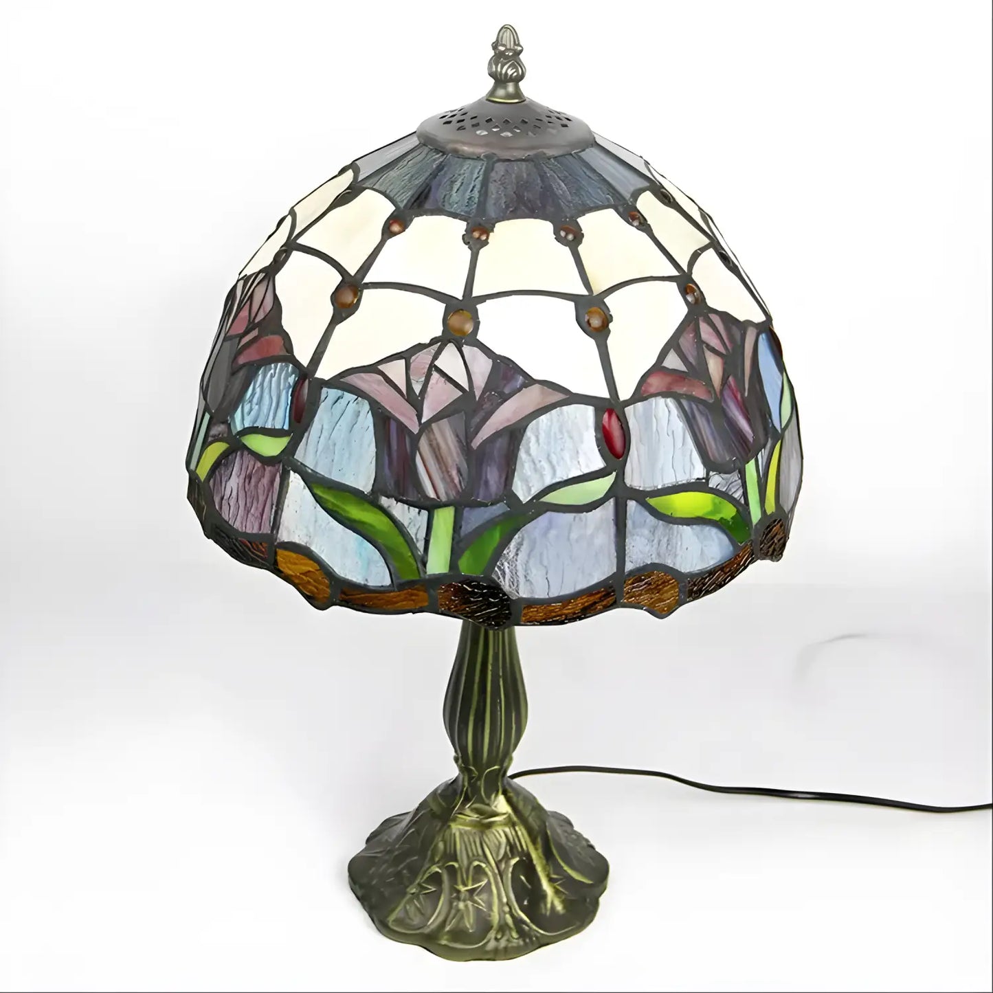 Röd Tiffany-lampa med tulpanformad glasdesign