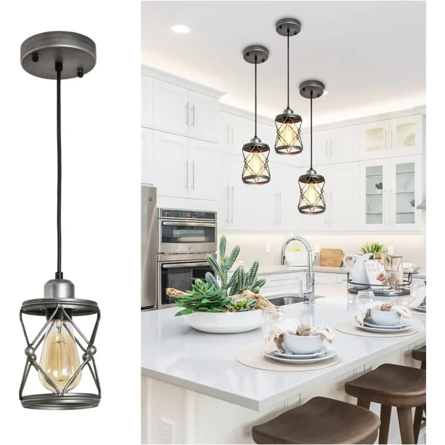Rustik silver metallhänge ljus för kök med justerbar LED-lampa