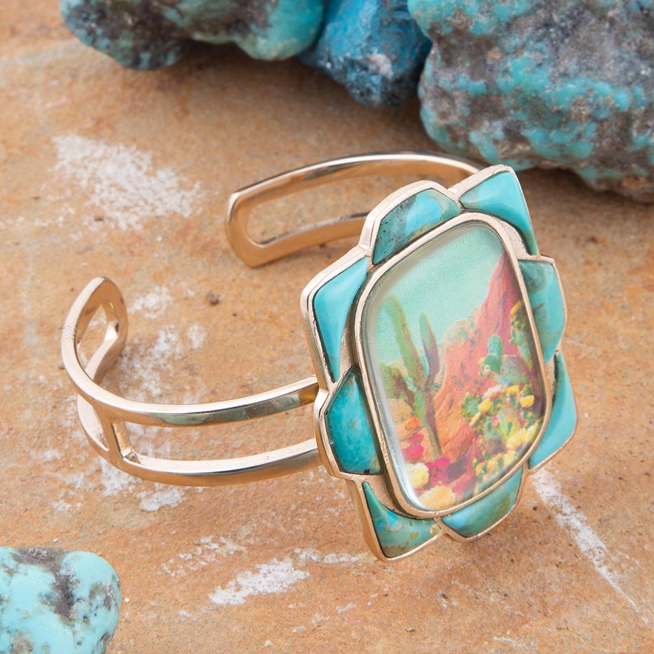 Bracciale a polsino dorato e turchese blu Sedona panoramico