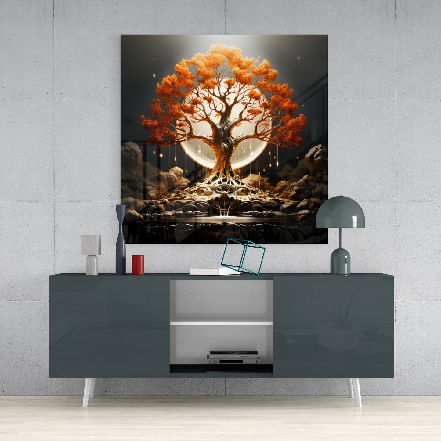 Arte de pared de vidrio con árbol de la vida naranja otoñal y luna llena