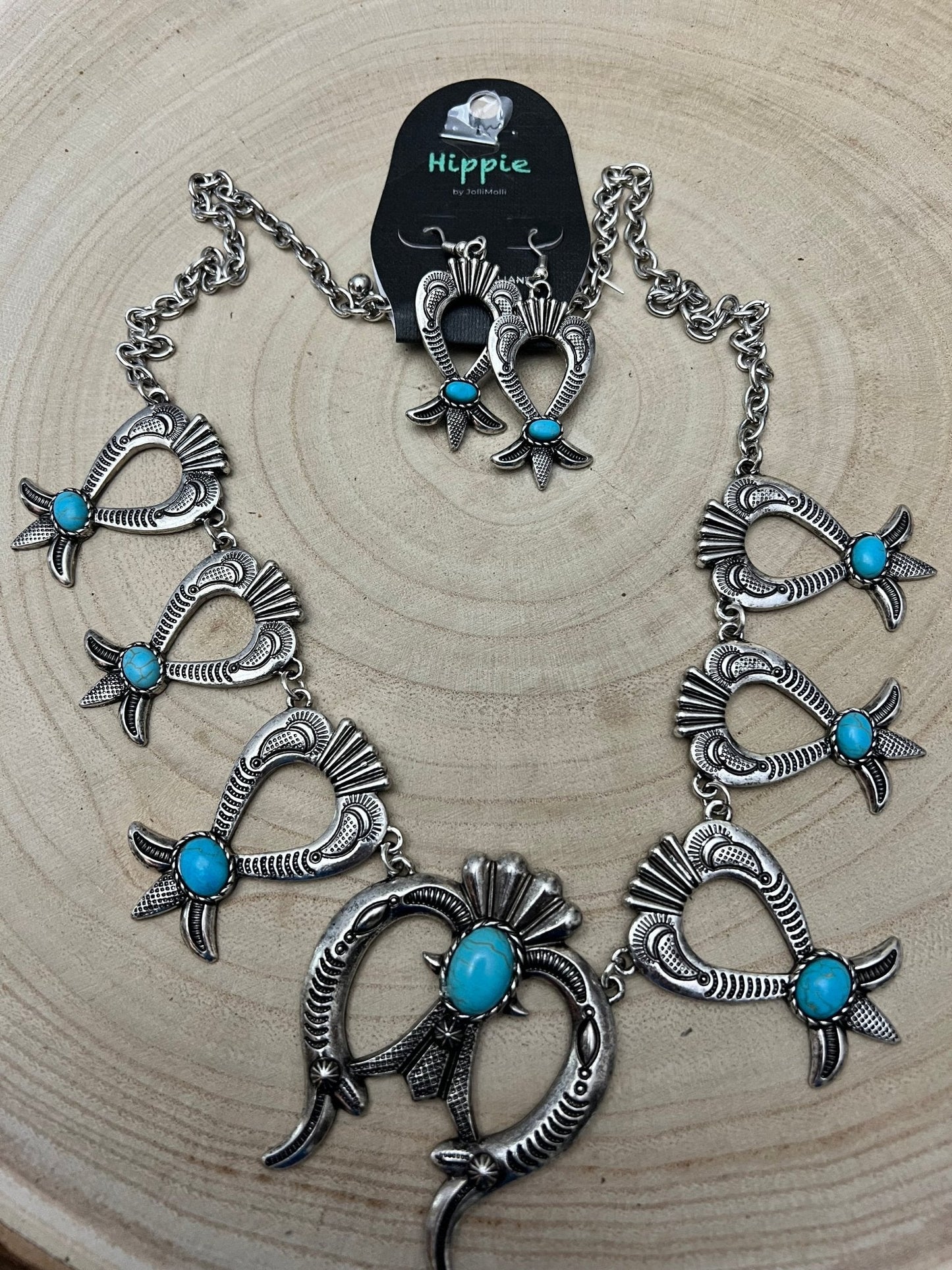 Set di orecchini e collana di 24 pollici con fiore di zucca e turchese finto