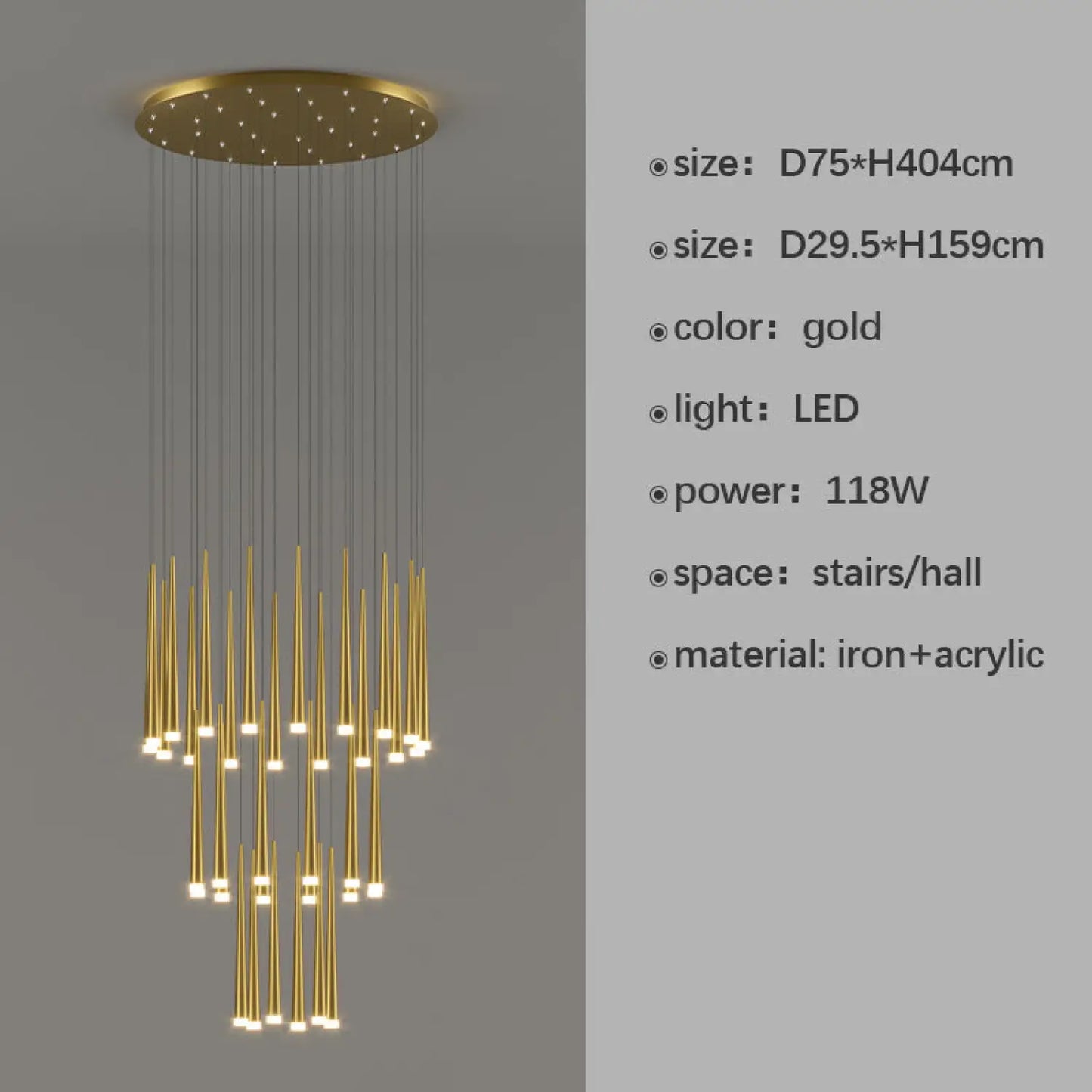 Stilfull och lång ljuskrona för trappa med sammansatt ringdesign