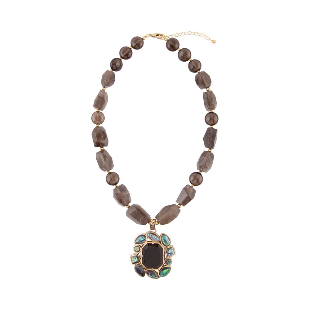 Tribecca Blauwe Abalone en Zwarte Smoky Quartz Gouden Statement Ketting