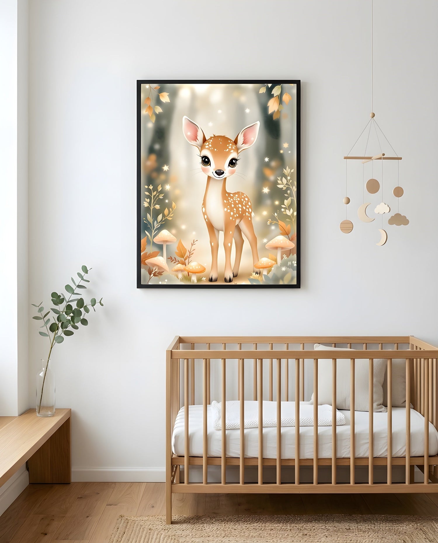 Nursery wall featuring the woodland deer fawn print above a crib, creating a calm atmosphere.