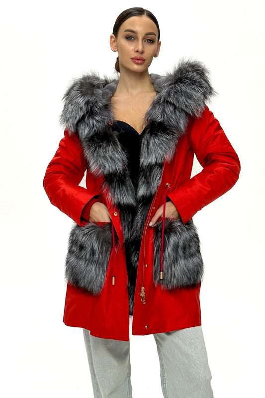 Parka isolante en fourrure de lapin et véritable fourrure de renard argenté
