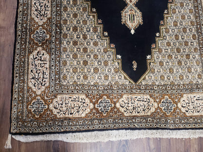 Persian Silk Qum Rug, Silk on Silk, Black Golden Brown and Beige, Hand-Knotted, 3'6" x 5' 5"