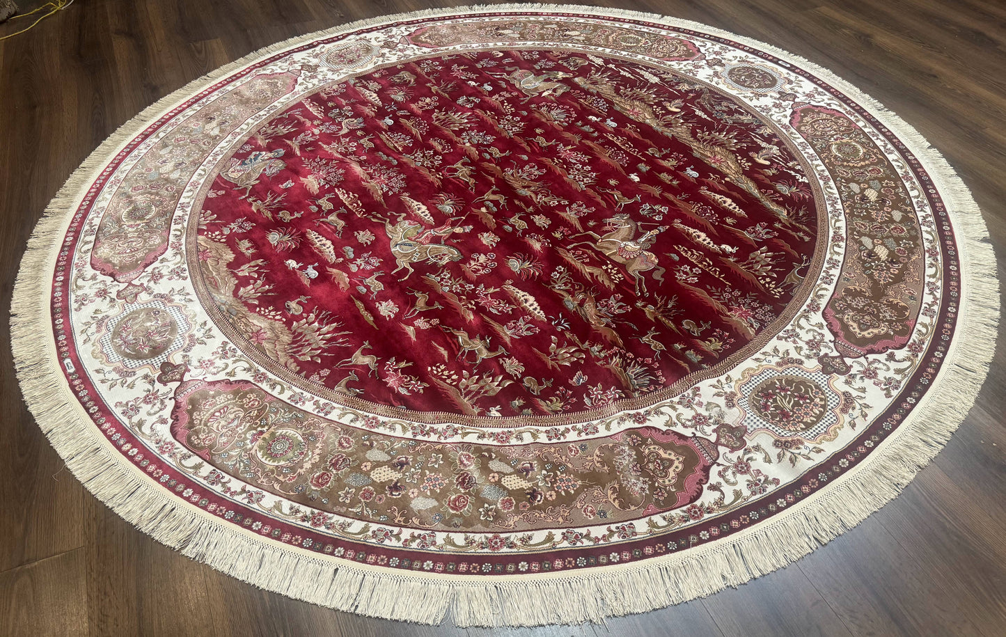 Large Round Turkish Silk Rug 8x8, Hunting Design, Dark Red & Ivory, Bamboo Silk