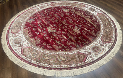 Large Round Turkish Silk Rug 8x8, Hunting Design, Dark Red & Ivory, Bamboo Silk