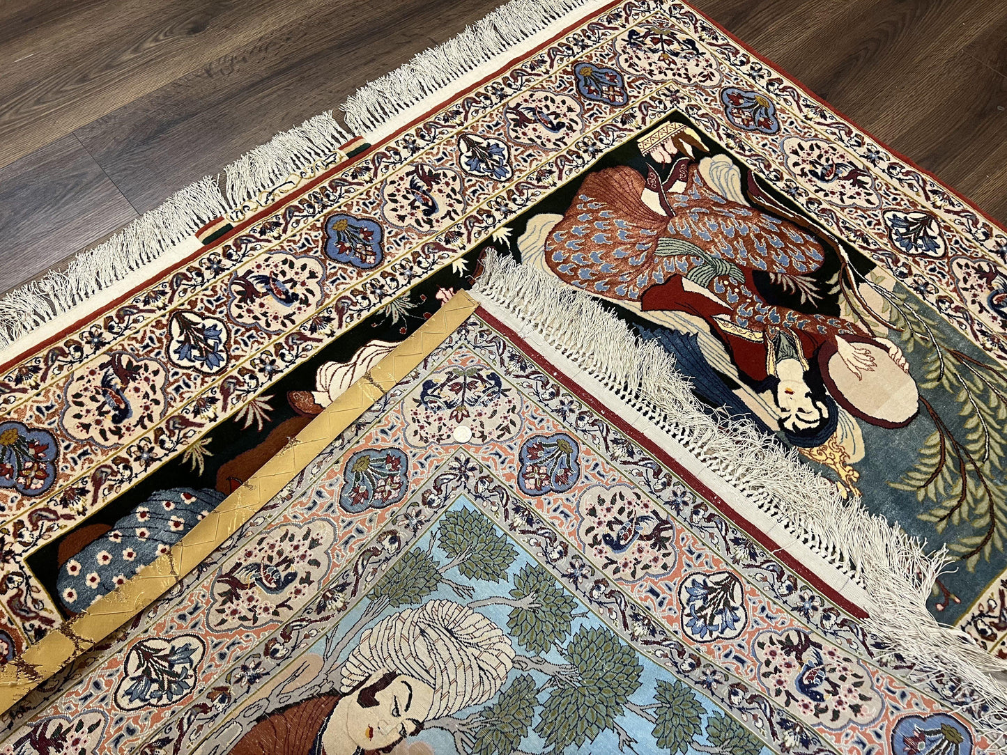 Persian Pictorial Rug 5 x 4 ft, Persian Isfahan Rug, Kork Wool on Silk Foundation, Signature from Master Weaver, Drums and Musical Instruments, Birds, Detailed