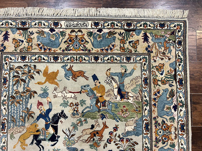 Persian Kashan Pictorial Rug 4.6 x 7, Hunting Scene, SIgned by Masterweaver, Animal Pictorials, Rare, Handmade, Wool, Vintage, Very Fine