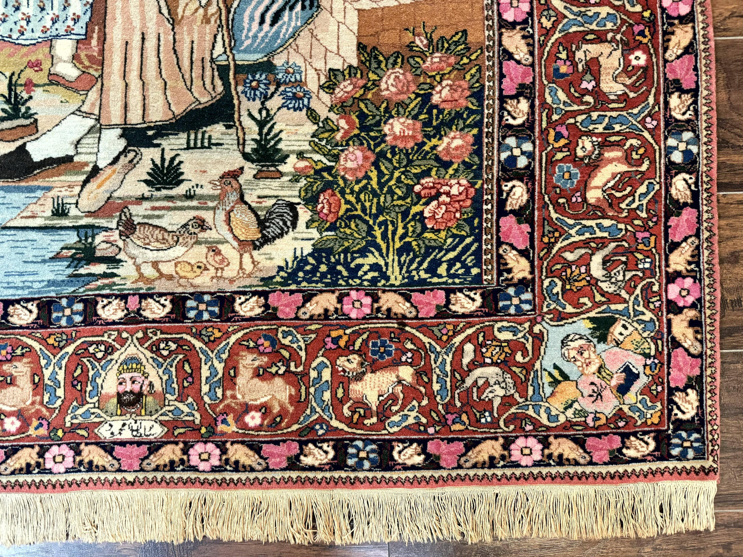 Wonderful Persian Kashan Pictorial Rug 4.7 x 6.5, Persian Rug for Wall Hanging, Handmade Antique Wool Carpet Animal Motifs Poetry Lovers, 240 KPSI