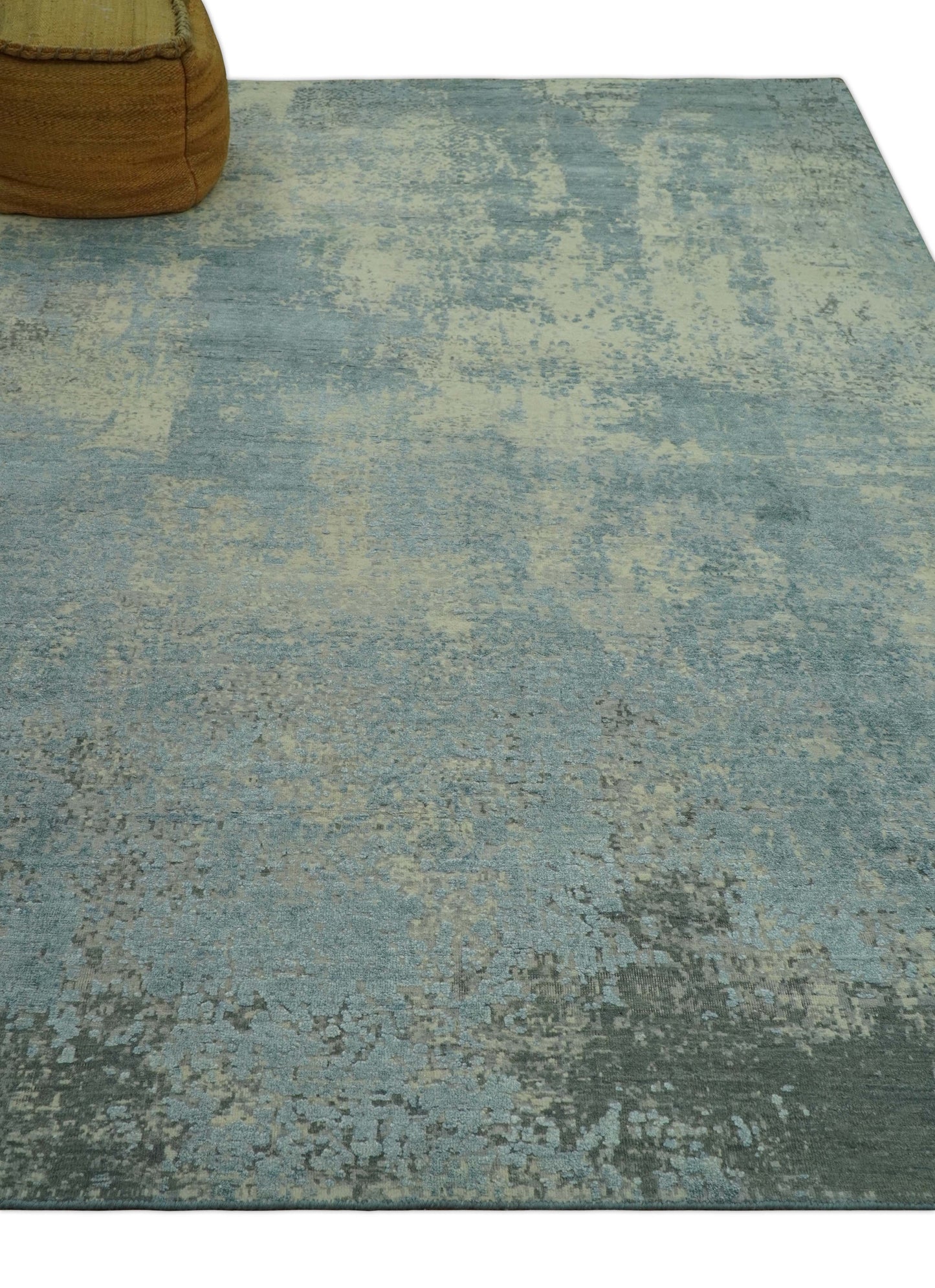 Abstract Design Blue, Beige And Gray 8x10 Hand Knotted Wool and Bamboo Silk Rug